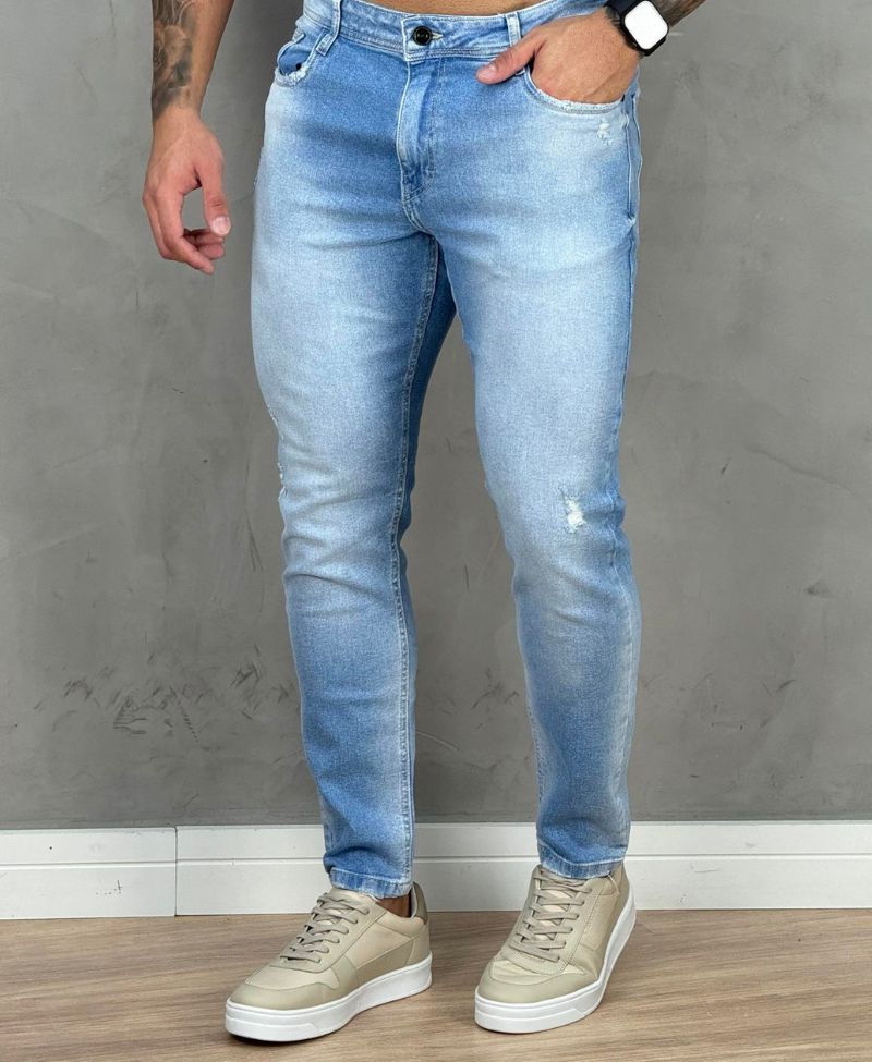 Calça Jeans Claro Masculina Skinny Com Rasgo