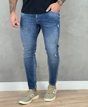 Calça Jeans Médio Masculina Skinny Com Rasgo