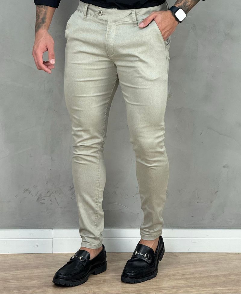 Calça Alfaiataria Bege Masculina Super Skinny